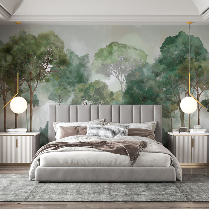 Une chambre élégante avec un papier peint représentant une forêt verdoyante, créant une ambiance apaisante et naturelle grâce à ses nuances de vert.