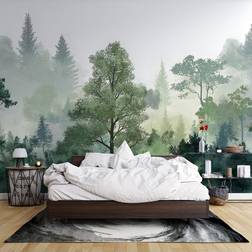 Une chambre apaisante avec un papier peint représentant une forêt verdoyante aux nuances de vert et de gris, créant une atmosphère naturelle et sereine.