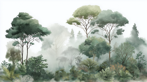 Papier peint forêt brumeuse Un paysage d'arbres éthérés enveloppés de mystère