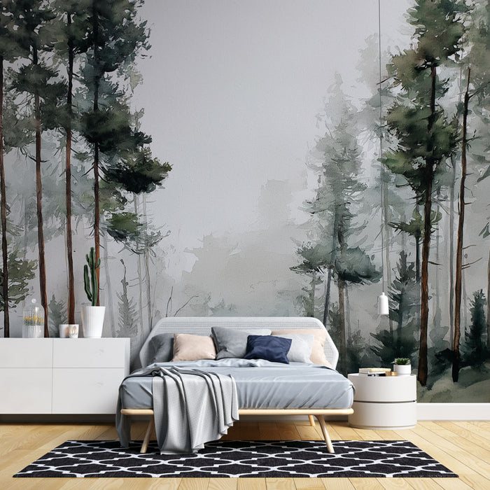Une chambre apaisante avec un papier peint représentant une forêt aquarelle aux nuances de vert et de gris, créant une atmosphère naturelle et sereine.