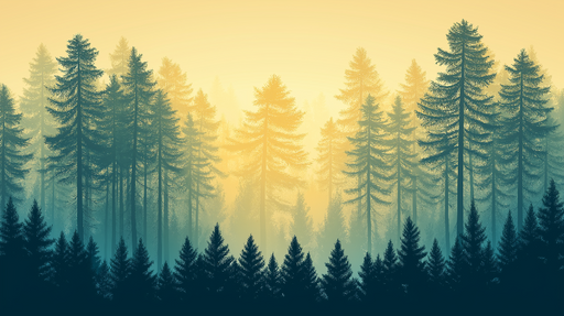 Papier peint forêt brumeuse Un paysage de pins se détachant dans une douce lumière dorée