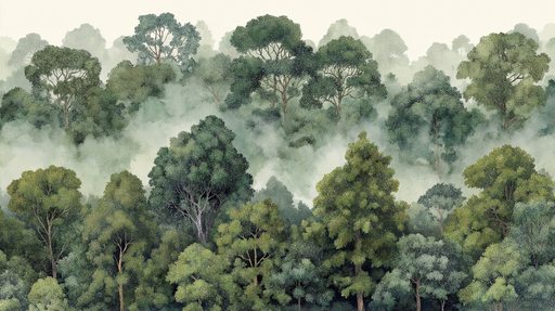 Papier peint forêt brumeuse Un paysage de verdure avec des arbres majestueux
