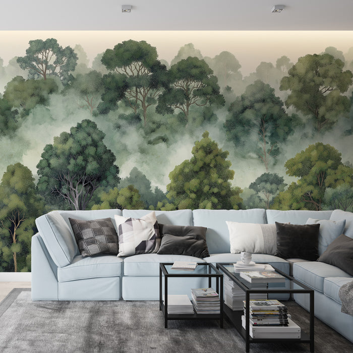 Un salon moderne avec un papier peint représentant une forêt dense et brumeuse, aux nuances de vert, créant une atmosphère apaisante et naturelle.