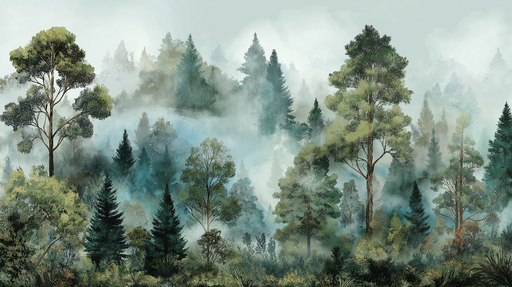 Papier peint forêt brumeuse Un paysage forestier apaisant aux teintes douces