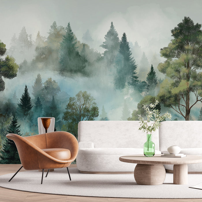 Une pièce moderne avec un papier peint représentant une forêt brumeuse aux nuances de vert et de bleu, créant une atmosphère apaisante et naturelle.