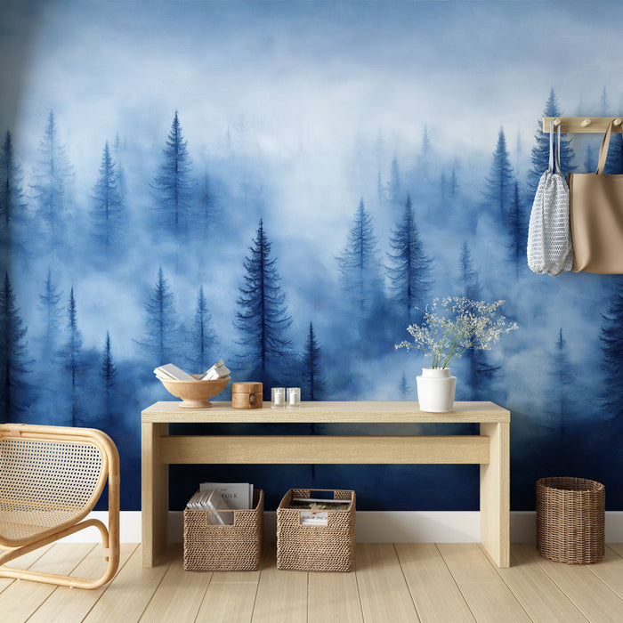 Papier peint forêt brumeuse | Un paysage mystérieux de pins dans une brume bleue