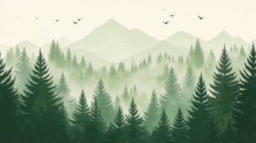 Papier peint forêt brumeuse Un paysage serein de pins verts dans une atmosphère douce et embrumée