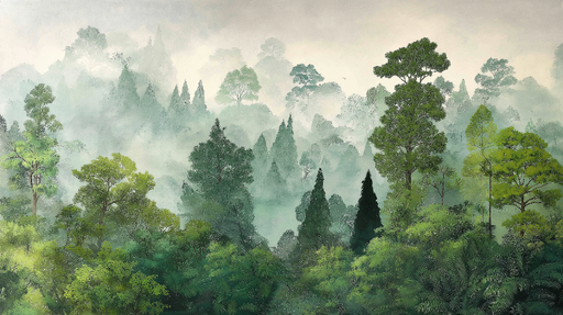 Papier peint forêt brumeuse Un paysage verdoyant et apaisant à travers un brouillard léger