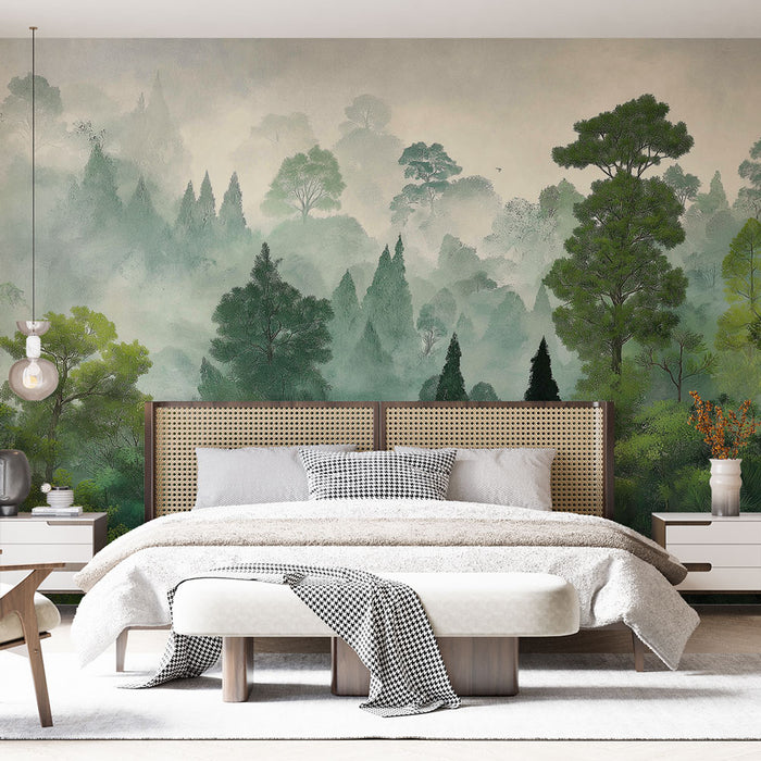 Une chambre apaisante avec un papier peint représentant une forêt brumeuse aux nuances de vert, créant une atmosphère naturelle et sereine.
