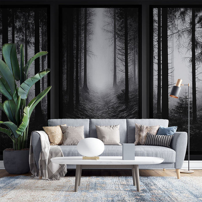 Un salon moderne avec un papier peint représentant une forêt brumeuse en noir et blanc, créant une atmosphère mystérieuse et apaisante.
