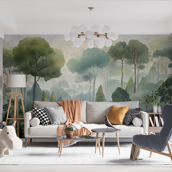 Un salon moderne avec un papier peint représentant une forêt brumeuse aux nuances de vert évoquant une atmosphère apaisante et naturelle.