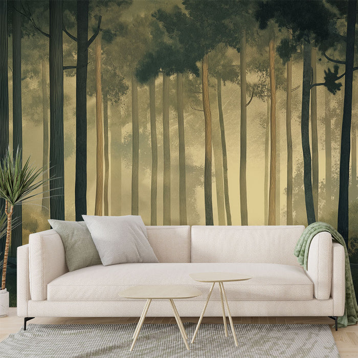 Un salon moderne avec un papier peint représentant une forêt brumeuse aux teintes vertes et dorées, créant une atmosphère apaisante et naturelle.