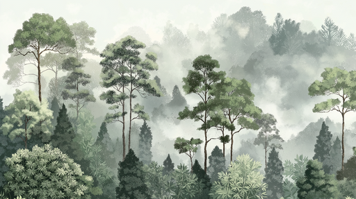 Papier peint forêt brumeuse Une scène apaisante de feuillus et de pins