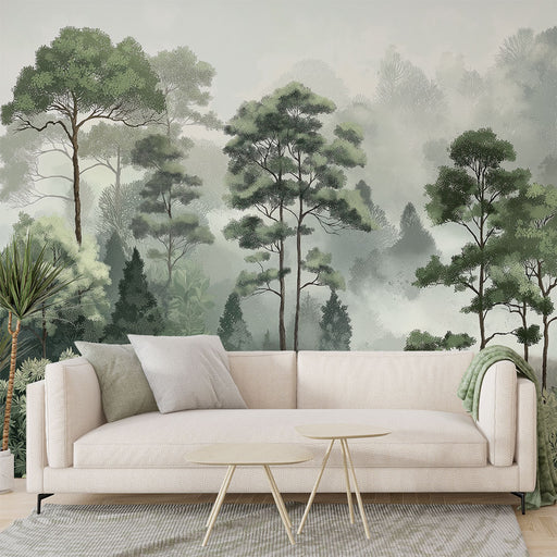 Un salon moderne avec un papier peint représentant une forêt brumeuse aux nuances de vert, créant une atmosphère apaisante et naturelle.