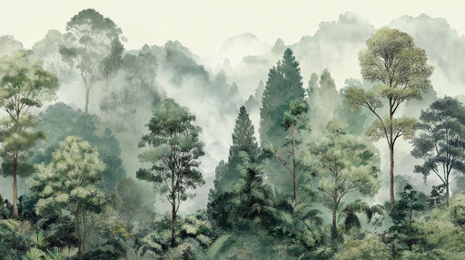 Papier peint forêt brumeuse Végétation luxuriante avec des arbres majestueux flottant dans la brume