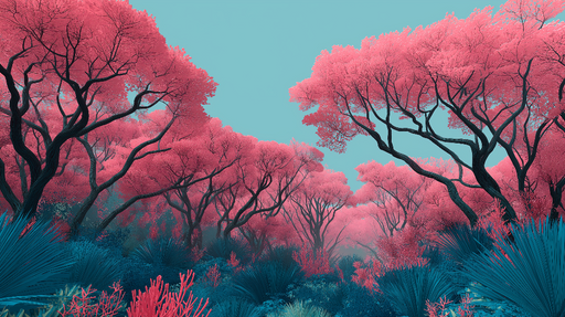 Papier peint forêt colorée Arbres aux feuillages roses et paysages marins