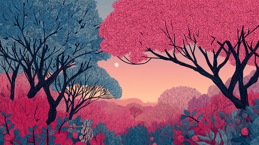 Papier peint forêt colorée Arbres aux feuilles rose et bleu sous un ciel crépusculaire