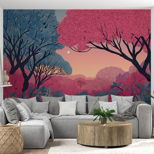 Un salon moderne avec un papier peint représentant une scène forestière colorée, mêlant des arbres bleus et roses sur fond de coucher de soleil apaisant.