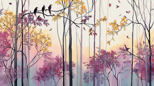 Papier peint forêt colorée Arbres aux feuilles vibrantes et oiseaux perchés