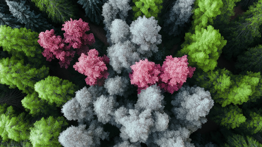 Papier peint forêt colorée Arbres roses et verts luxuriants