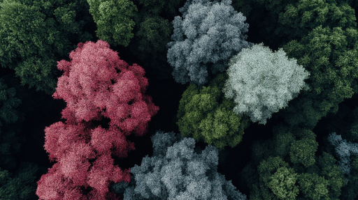 Papier peint forêt colorée Arbres rouges et verts en harmonie