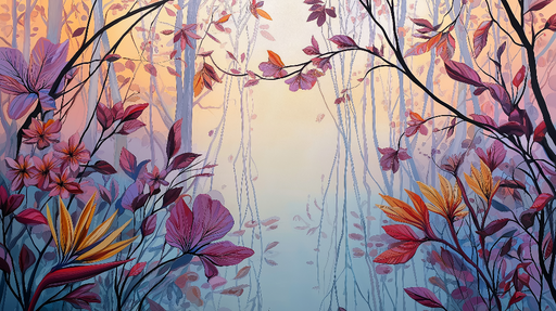 Papier peint forêt colorée Motifs floraux riches aux teintes douces dans un cadre apaisant