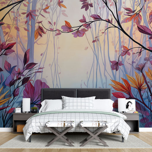 Une chambre moderne avec un papier peint floral aux teintes pastel et aux motifs de feuilles stylisées créant une atmosphère douce et apaisante.