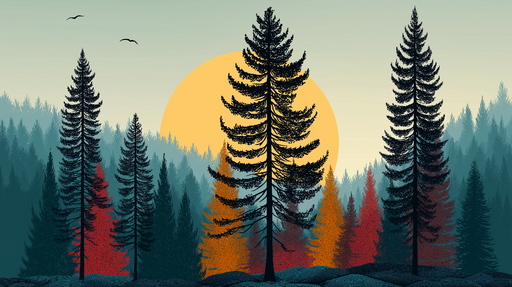 Papier peint forêt colorée Silhouettes d'arbres sous un soleil doré