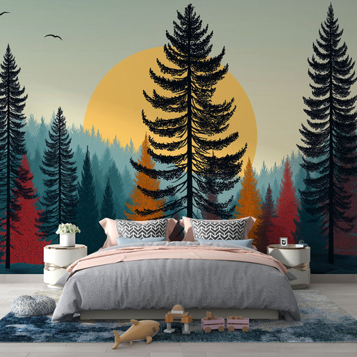 Une chambre accueillante avec un papier peint représentant une forêt stylisée, dominée par des arbres noirs et des touches de couleurs automnales, évoquant une atmosphère naturelle et apaisante.