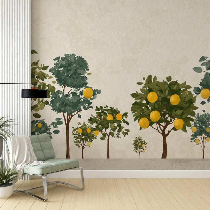 Une pièce moderne avec un papier peint représentant des arbres fruitiers aux feuilles vertes et aux citrons jaunes, créant une ambiance fraîche et estivale.