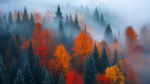 Papier peint forêt d'automne Arbres aux couleurs vives dans un brouillard mystérieux