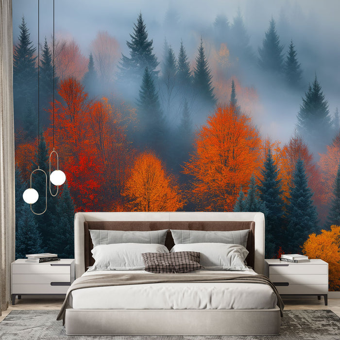 Papier peint forêt d'automne avec arbres aux couleurs vives dans un brouillard mystérieux pour chambre moderne.
