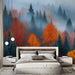 Papier peint forêt d'automne avec arbres aux couleurs vives dans un brouillard mystérieux pour chambre moderne.