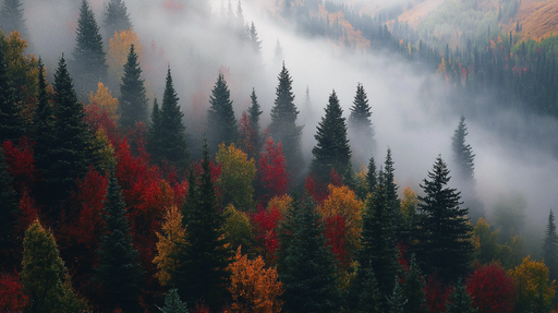 Papier peint forêt d'automne Arbres colorés entourés de brume