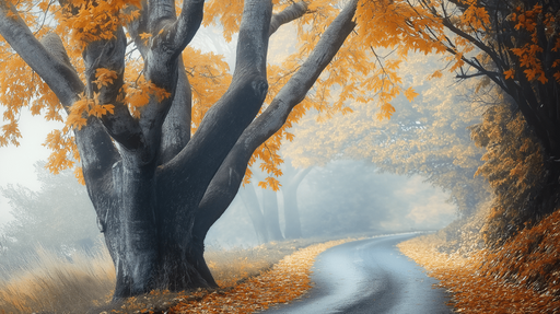 Papier peint forêt d'automne Chemin sinueux entouré d'arbres aux feuilles dorées