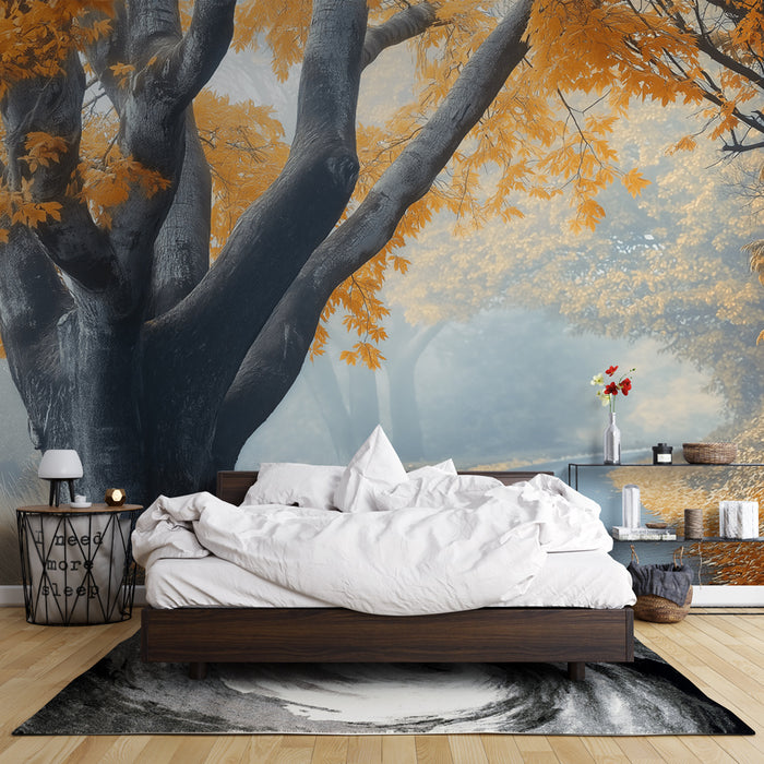 Papier peint forêt d'automne | Chemin sinueux entouré d'arbres aux feuilles dorées