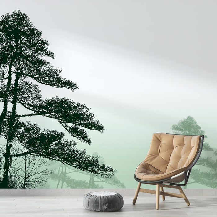Une chambre moderne avec un papier peint représentant des silhouettes d’arbres en vert foncé sur un dégradé apaisant de vert clair, créant une ambiance naturelle et sereine.