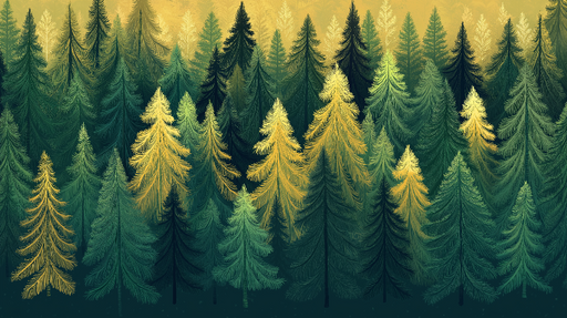 Papier peint forêt de conifères Un paysage luxuriant de pins et sapins aux nuances verdoyantes et dorées