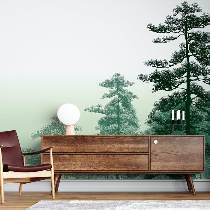 Une pièce moderne avec un papier peint représentant des arbres stylisés en dégradé de vert, créant une atmosphère apaisante et naturelle.
