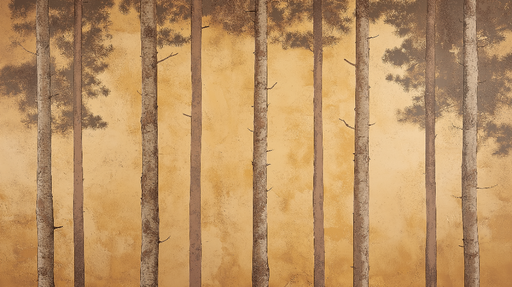 Papier peint forêt dorée Arbres élancés sur un fond jaune chaud