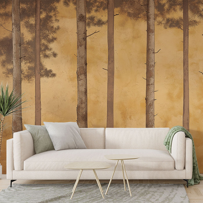 Une pièce moderne avec un papier peint représentant des arbres stylisés sur fond jaune chaud, créant une ambiance naturelle et apaisante.