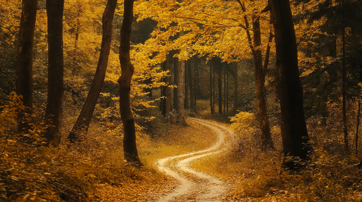 Papier peint forêt dorée Un chemin sinueux entouré d'arbres aux feuilles dorées