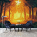 Papier peint forêt dorée avec paysage illuminé par des rayons de soleil pour salon chaleureux
