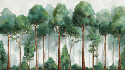 Papier peint forêt enchantée Arbres majestueux dans une brume douce et apaisante