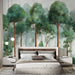 Une chambre moderne avec un papier peint représentant une forêt verdoyante, où des arbres majestueux créent une ambiance apaisante et naturelle.
