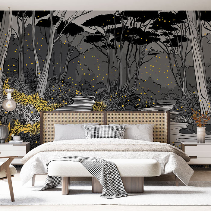 Une chambre élégante avec un papier peint illustrant une forêt nocturne en noir et gris, agrémentée de touches dorées évoquant une atmosphère mystérieuse et apaisante.
