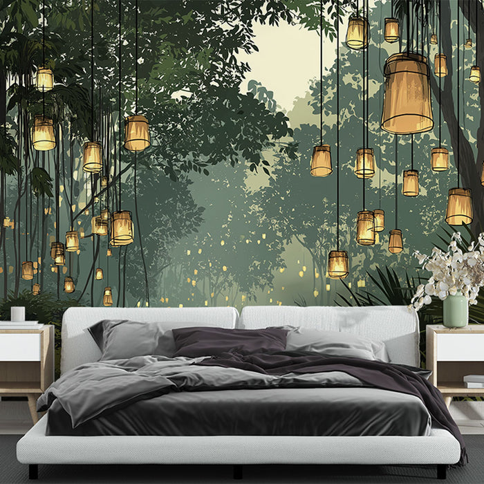 Une chambre apaisante avec un papier peint représentant une forêt mystérieuse ornée de lanternes suspendues, créant une ambiance chaleureuse et féerique.