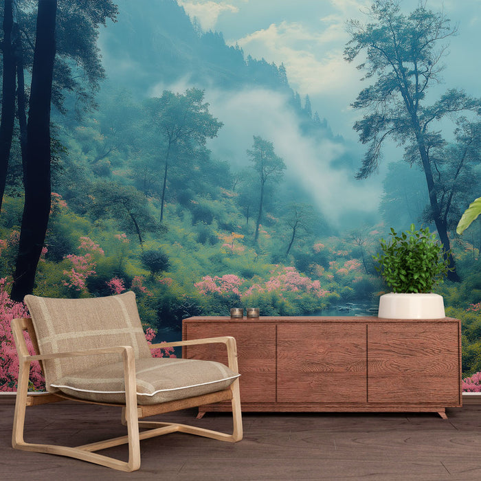 Une pièce moderne avec un papier peint représentant un paysage forestier brumeux aux teintes vertes et roses, créant une atmosphère apaisante et naturelle.