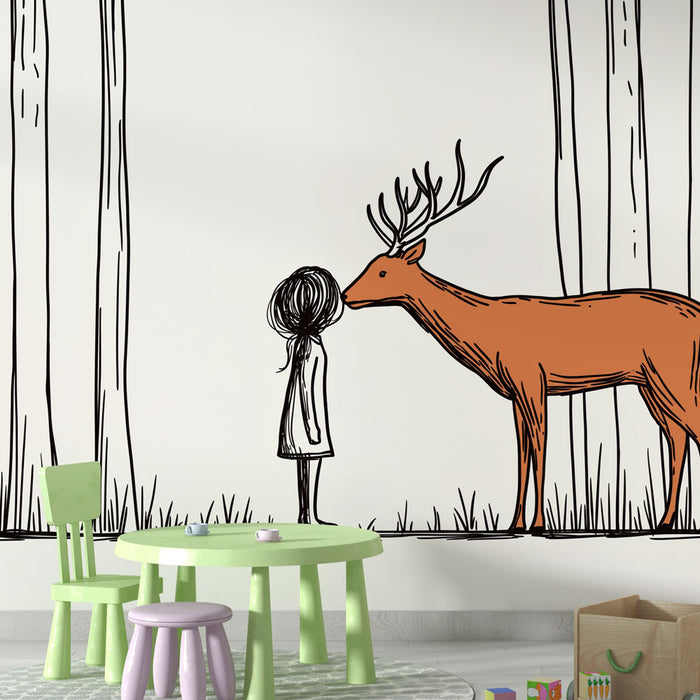 Une chambre d'enfant avec un papier peint illustratif représentant une jeune fille et un cerf orange dans une forêt stylisée, créant une ambiance féerique et imaginative.
