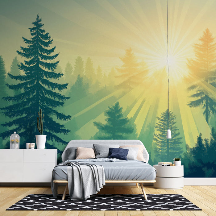 Papier peint forêt ensoleillée | Vues sereines de la nature avec des rayons de soleil